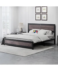 gaomon Queen Size Bed Frame with Headboard, Industrial Platform Bed Frame with Charging Station, No Box Spring Required, Easy to Assemble, Wooden Matt