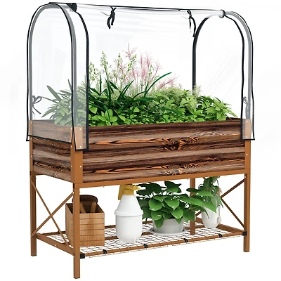Outsunny Metal Raised Garden Bed with Legs, Cover, and Storage Shelf,