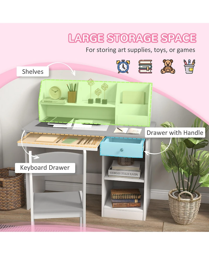 Qaba Kids Desk and Chair Set for 5-8 Year Old with Storage,