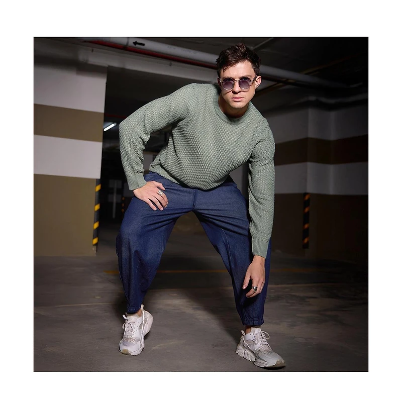 Campus Sutra Men's Sage Green Textured Knit Pullover Sweater