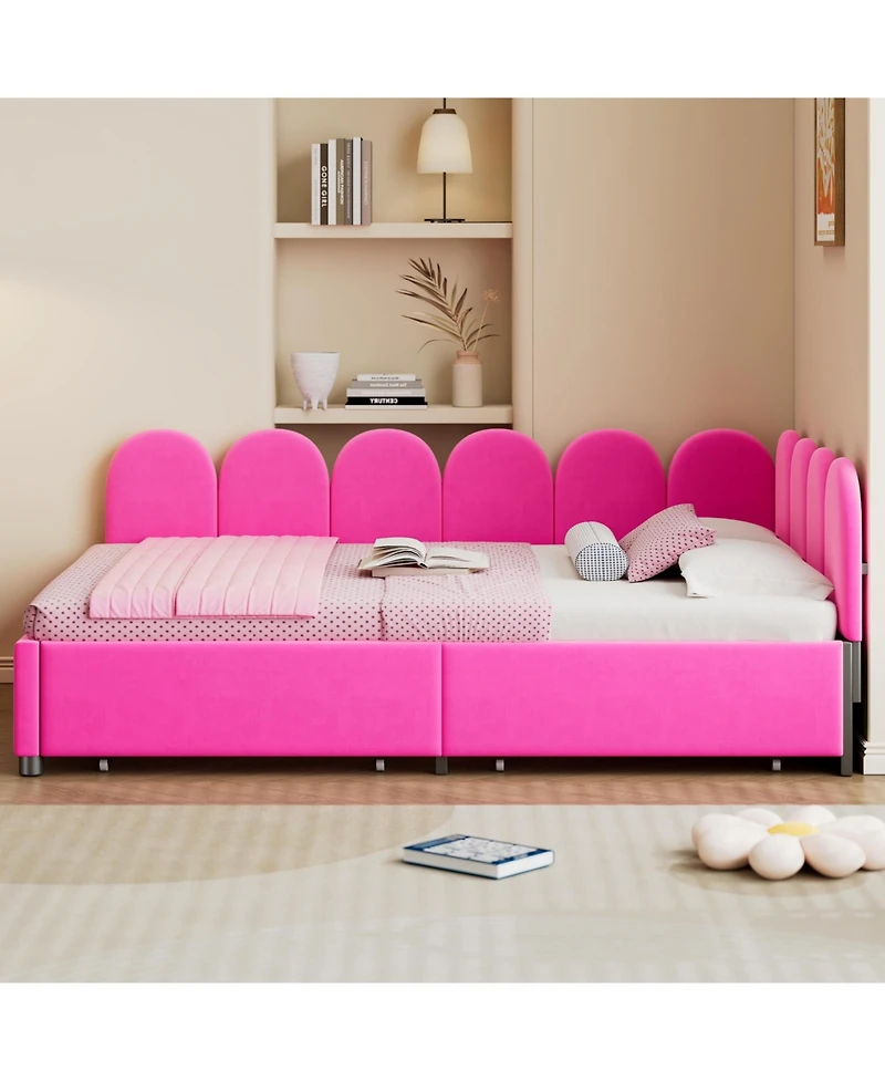 Upholstered Daybed with 2 Drawers, Velvet Sofabed with Soft Fabric Headboard, No Box-spring Needed, Rose Red