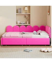 Upholstered Daybed with 2 Drawers, Velvet Sofabed with Soft Fabric Headboard, No Box-spring Needed, Rose Red