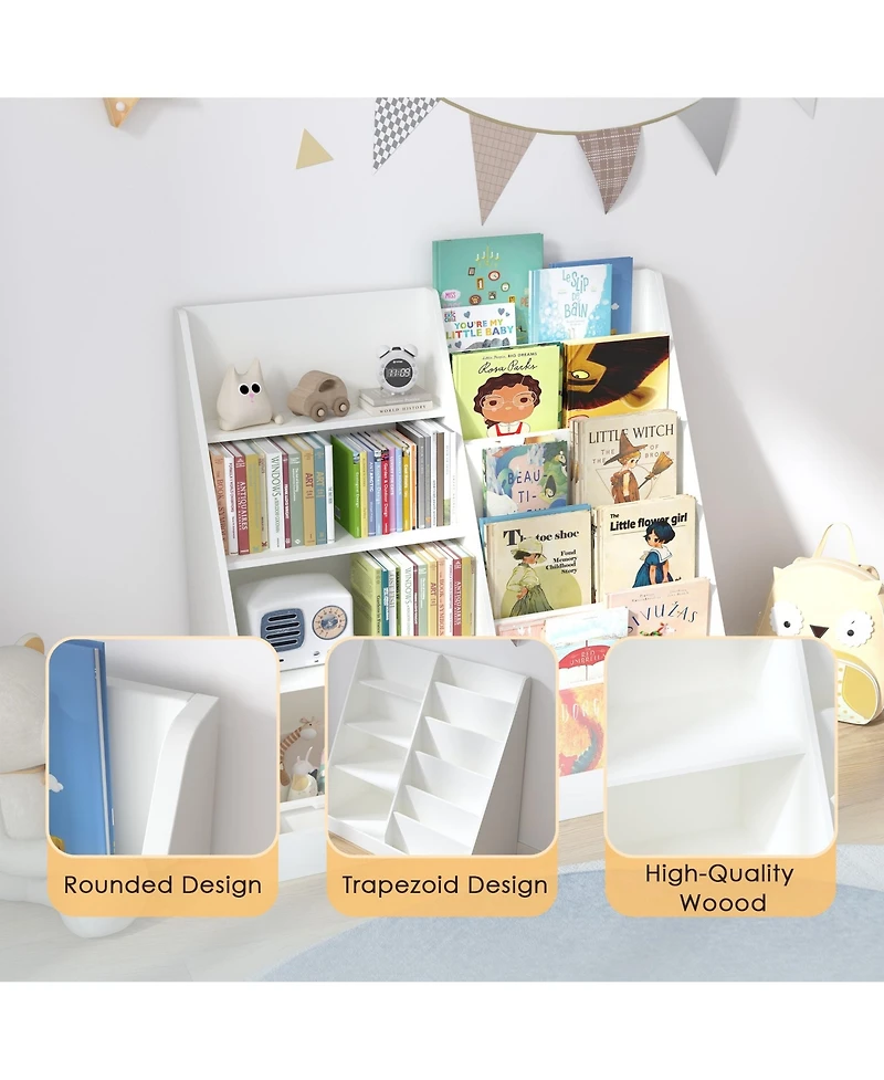Lovmor Kids Bookshelf and Toy Storage Organizer, Multifunctional 4 Tier Wooden Kids Book Shelf with Bookcase Display Stand in Kids Room