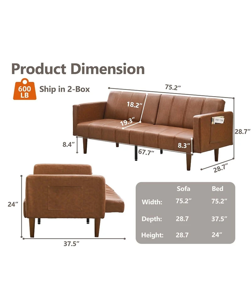 gaomon 75" Futon Sofa Bed, Mid-Century Modern Futon Couch, Convertible Sleeper Sofa with Adjustable Backrest, Loveseat, Small Sofa with Side Pockets,