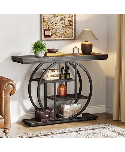 Tribesigns 41.3" Console Table, Industrial 4-Tier Sofa Table Entryway with Circle Base, Narrow Wood Accent Tables Storage Shelves for