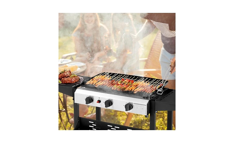 3-Burner Flat Top Gas Griddle Cooking Station – Outdoor Grill with Ceramic Coated Cast Iron Pan
