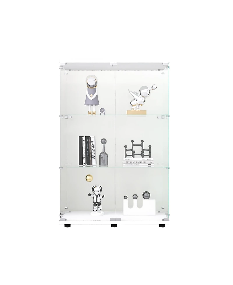 Lovmor Two-door Glass Display Cabinet 3 Shelves with Door, Floor Standing Curio Bookshelf for Living Room Bedroom Office