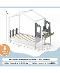 Full-Size Kids Bed Frame with House Roof, Canopy, and Fence Design