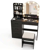 Costway Vanity Set with Mirror and Lights Dressing Table and Chair 4 Drawers 3 Open Shelves