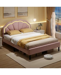 Queen Size Upholstered Led Bed Frame with Adjustable Flower Headboard and Metal Support Legs