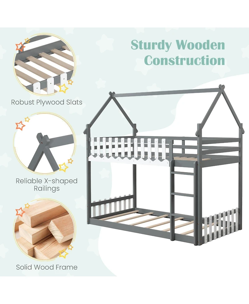 Twin Over Twin Bunk Bed with Fence and Ladder for Kids