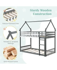 Twin Over Twin Bunk Bed with Fence and Ladder for Kids