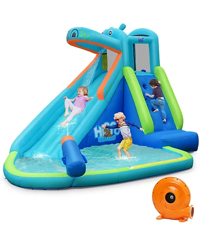 Inflatable Kids Hippo Bounce House Slide Climbing Wall Splash Pool w/740W Blower