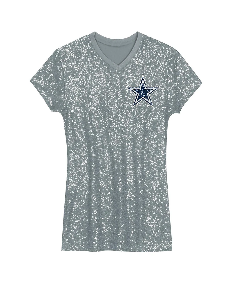 Outerstuff Big Girls Micah Parsons Silver Dallas Cowboys Sequin Player Name Number V-Neck Dress