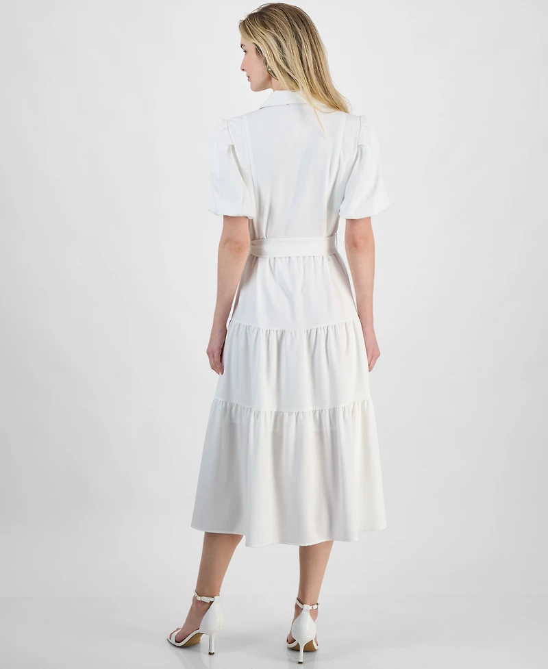 T Tahari Women's Puff-Sleeve Belted Tiered Dress