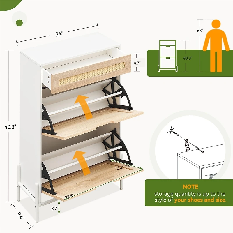 Natural Rattan Storage Cabinet with 2 Flip Drawers, Wooden Entry Way Cabinet with Storage with Adjustable Shelf and Metal Legs, Entrance Shoe Cabinet