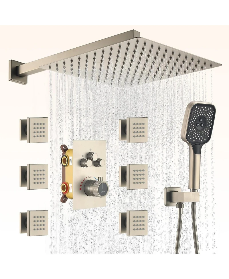 12-inch Rain Shower System with Body Jets Wall-Mounted Handheld 3-Function Faucet Set, Brushed Nickel