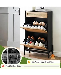 gaomon Natural Rattan Storage Cabinet with 2 Flip Drawers, Wooden Entry Way Cabinet with Storage with Adjustable Shelf and Metal Legs