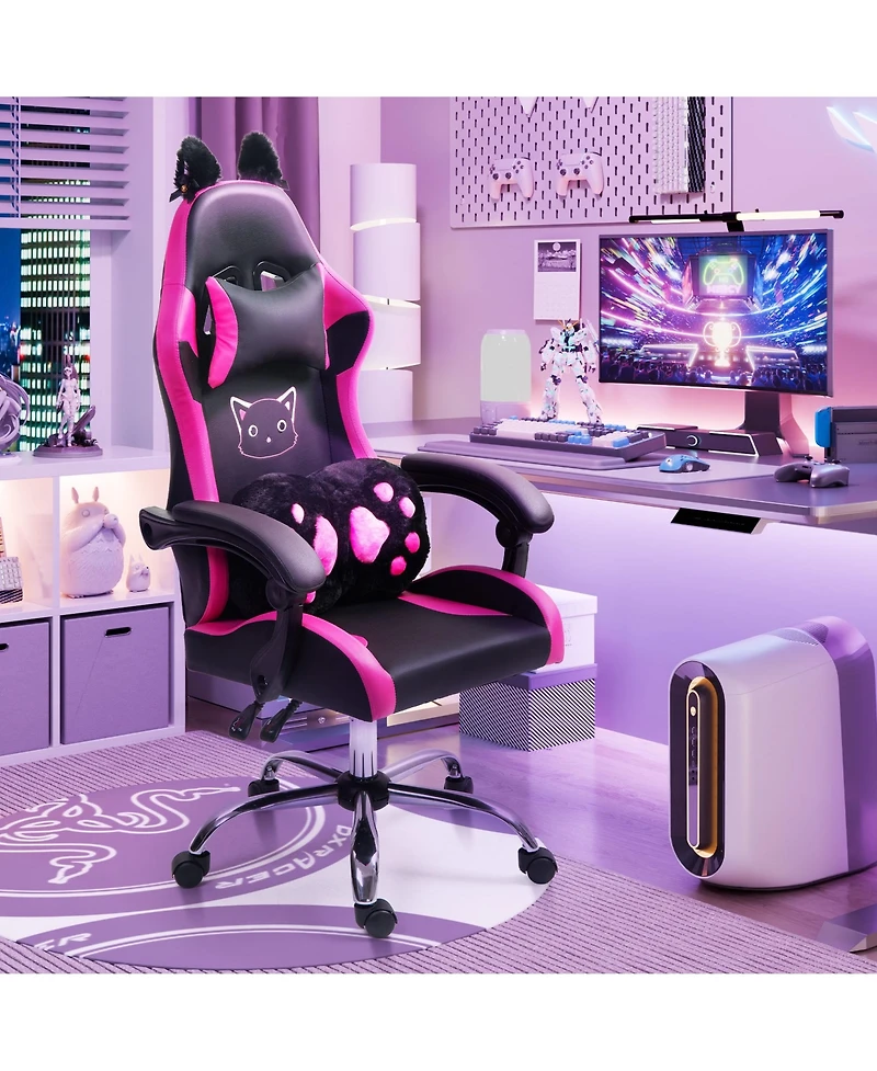Dyhome Faux Leather Gaming Chair with Cat Paw Lumbar Cushion and Ears, Ergonomic Computer Chair, Reclining Pc Game