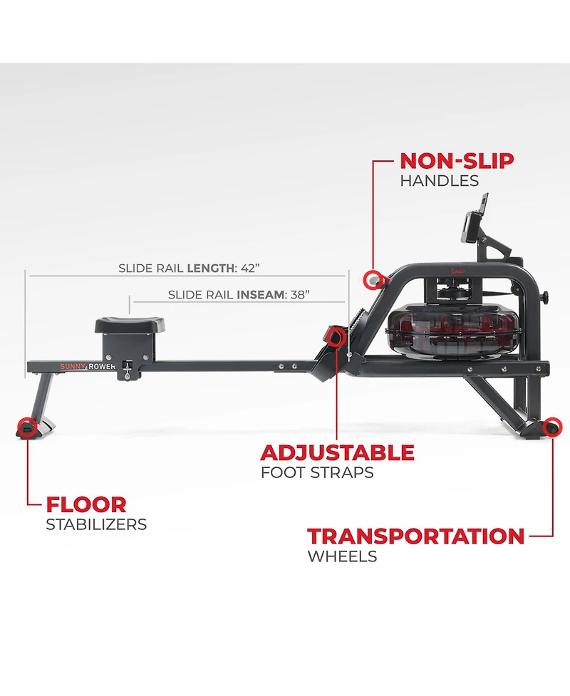 Sunny Health & Fitness Smart Obsidian Surge 500 m Water Rowing Machine