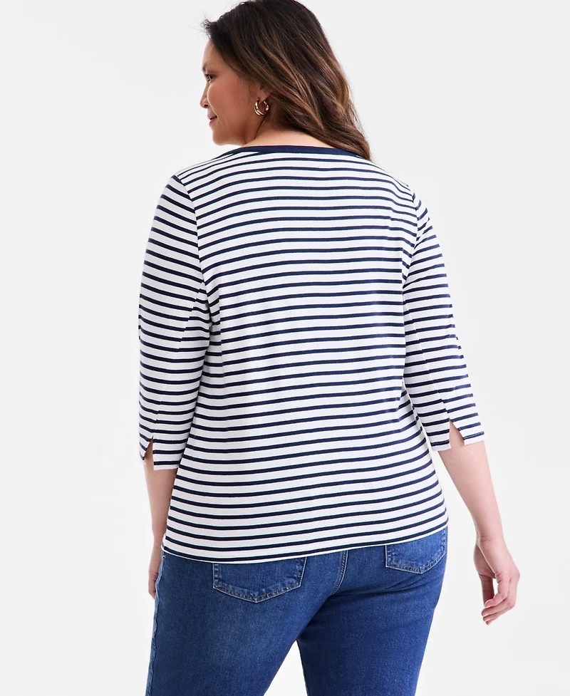 Style & Co Plus Size Stripe Pima Cotton 3/4-Sleeve Top, Exclusively at Macy's
