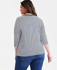Style & Co Plus Size Stripe Pima Cotton 3/4-Sleeve Top, Exclusively at Macy's