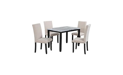5-Piece Faux Marble Dining Set – Table with 4 Cushioned Chairs for Stylish Home Dining