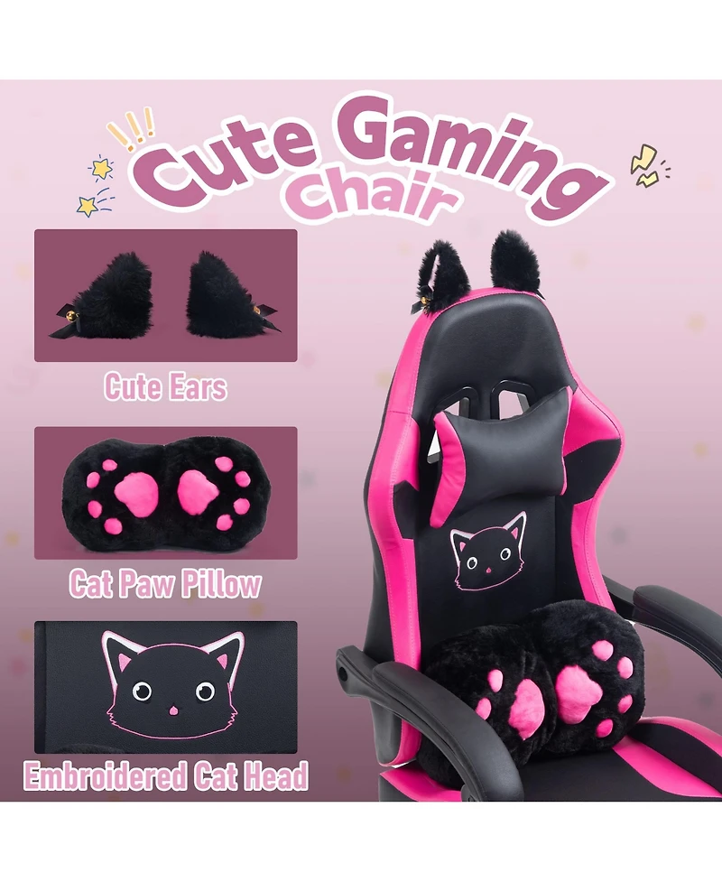 Dyhome Faux Leather Gaming Chair with Cat Paw Lumbar Cushion and Ears, Ergonomic Computer Chair, Reclining Pc Game