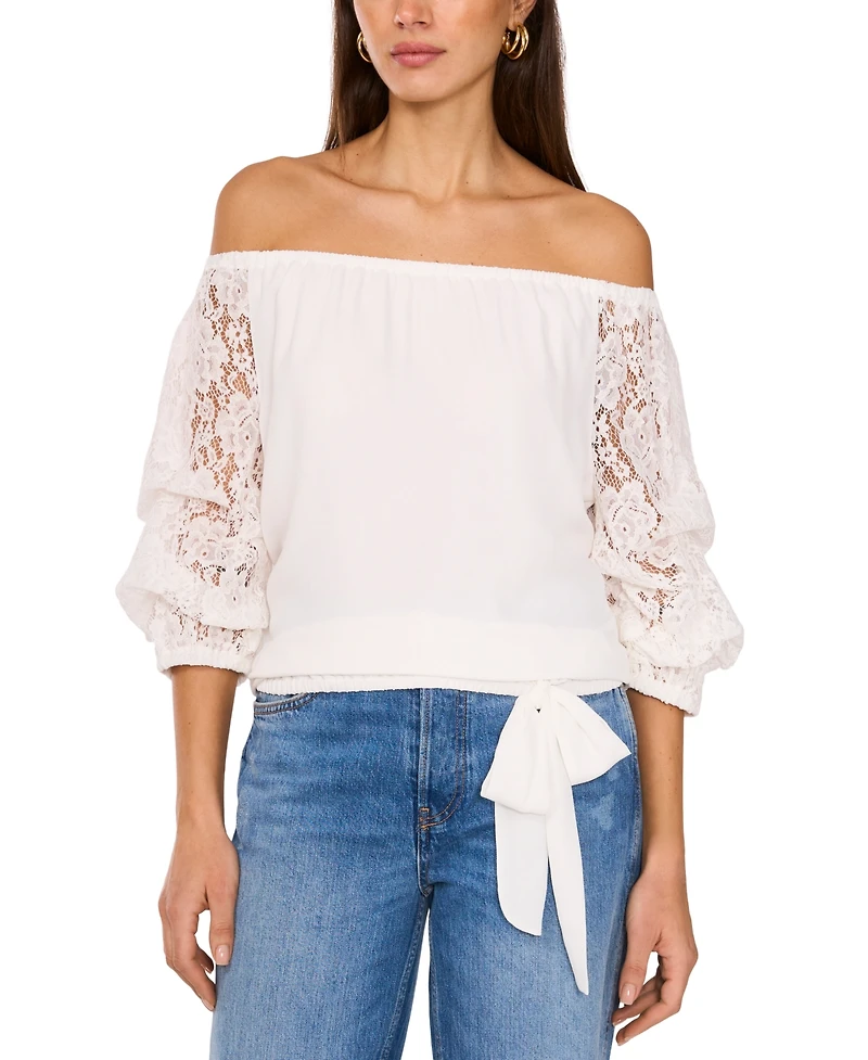 Vince Camuto Women's Off-The-Shoulder Lace Bubble 3/4-Sleeve Tie-Front Blouse