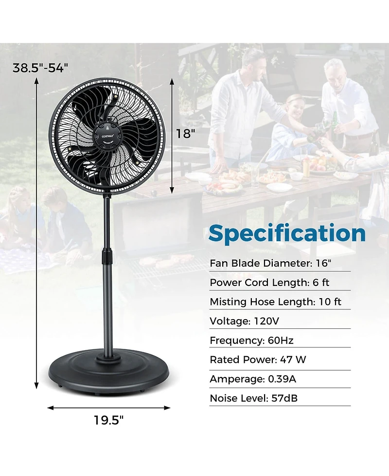 16" Oscillating Fan Misting Pedestal Fan with Hose Connector 3 Micro-Mist Levels