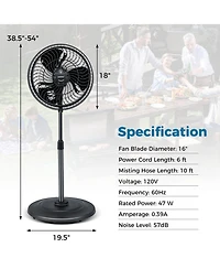 16" Oscillating Fan Misting Pedestal Fan with Hose Connector 3 Micro-Mist Levels