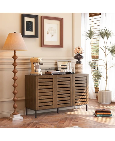 Lovmor Farmhouse Sideboard Buffet Storage Cabinet with Strip Skeleton Door and Adjustable shelves