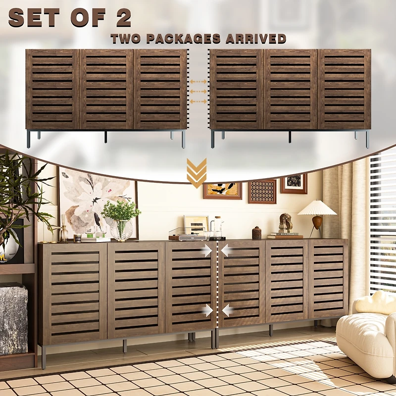 Farmhouse Sideboard Buffet Storage Cabinet with Strip Skeleton Door and Adjustable shelves, for living room dining room kitchen
