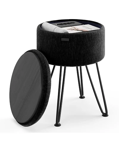 Nestl Textured Velvet Round Ottoman with Storage – Modern Foot Stool, Makeup Vanity Small Rest, Perfect for Living Room & B