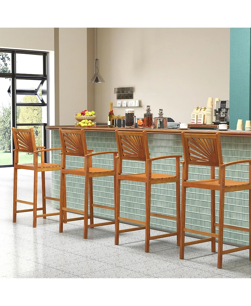 Gymax Set of 4 Outdoor Acacia Wood Bar Stools Bar Height Patio Chairs w/ Backrests