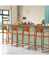 Gymax Set of 4 Outdoor Acacia Wood Bar Stools Bar Height Patio Chairs w/ Backrests
