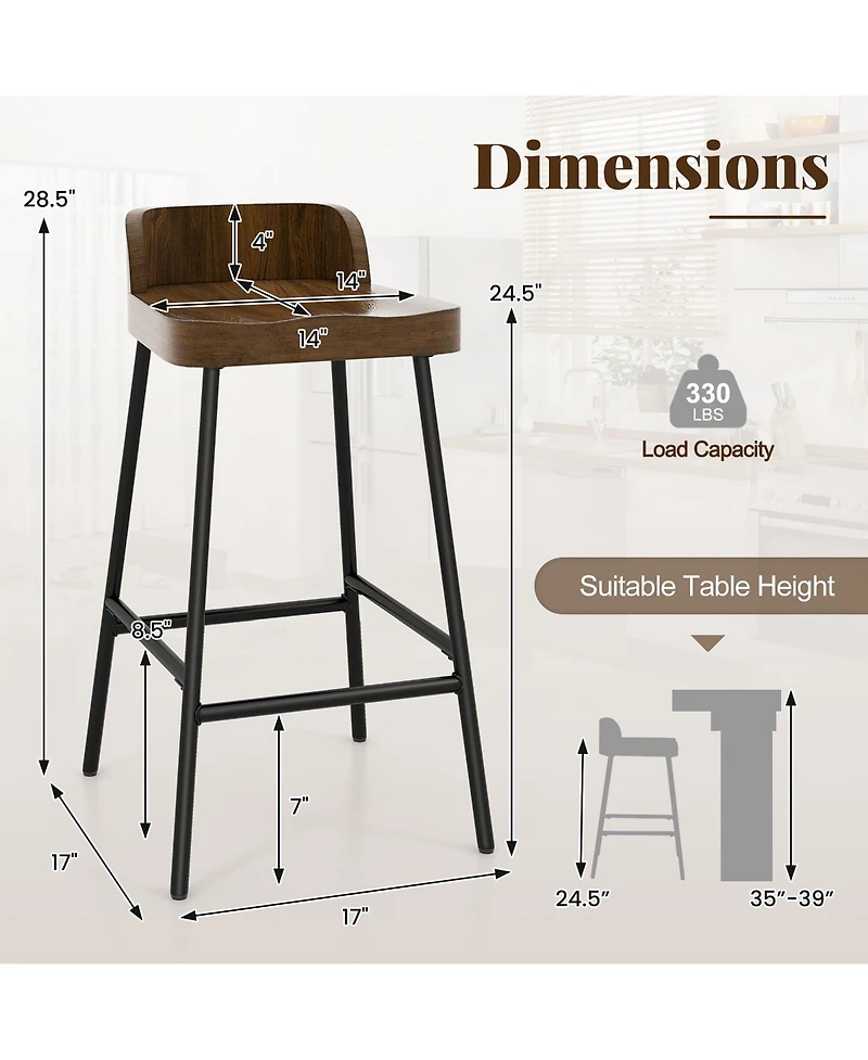 Gymax 24.5''Bar Stool Set of 2 Armless Bar Chair w/ Backrest Footrest & Metal Frame Cafe