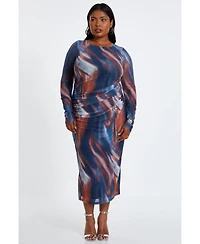 Quiz Plus Size Mesh Marble Round Neck Long Sleeve Maxi Dress