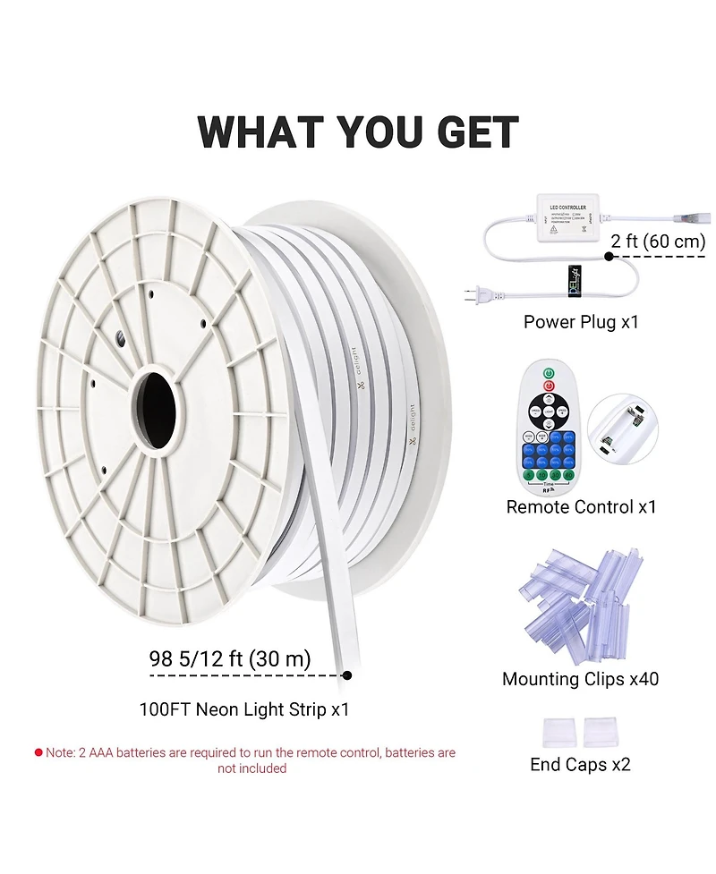 DELight 100FT Warm White Neon Rope Lights with Remote Control Ac 110V IP65 Waterproof Cuttable Dimmable Flexible Diy Del-D100W