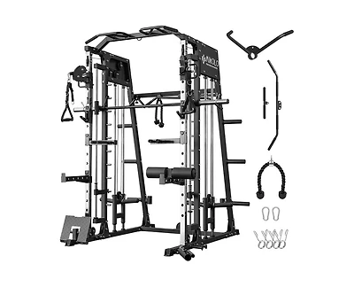 Mikolo Smith Machine, 2200lbs Squat Rack with Lat-Pull Down System & Cable Crossover Training Equipment Leg Hold-Down Attachment