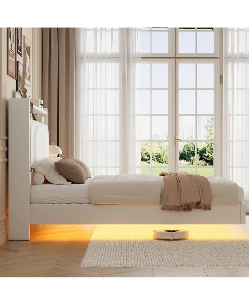 gaomon Queen Size Floating Bed Frame with Rgb Led Lights & Charging Station