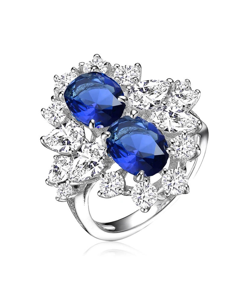 Sterling Silver with White Gold Plated Oval Stone Blue, Yellow, or Pink Cubic Zirconia Cocktail Ring