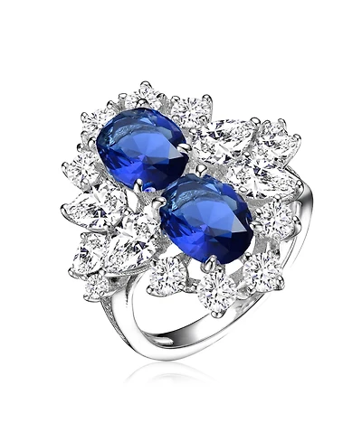 Sterling Silver with White Gold Plated Oval Stone Blue, Yellow, or Pink Cubic Zirconia Cocktail Ring