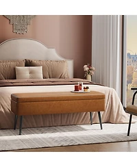 Storage Ottoman Bench, End of Bed Bench with The Stitching and Synthetic Leather, Dual Safety Hinges, 660 Lbs Load, Upholstered Storage Bench for Bedr