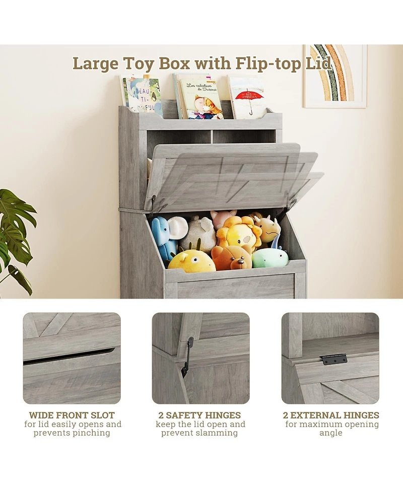 gaomon 3-tier Wooden Kids Bookcase and Toy Storage Organizer with Flip-Top Lid