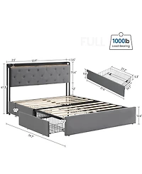 gaomon Size Bed Frame with 4 Storage Drawers and Charging Station, Upholstered Bed Frame with Storage Headboard