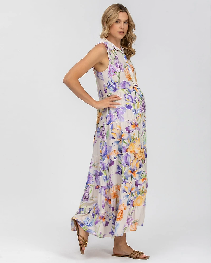 Pietro Brunelli Maternity Maternity Collared Maxi Clara Dress with Ruffles
