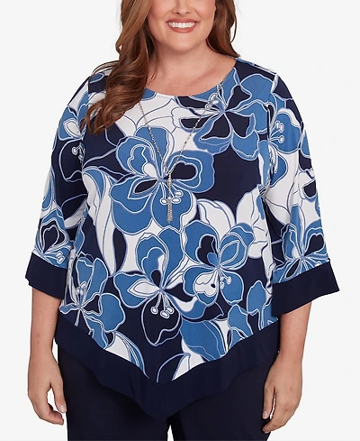 Alfred Dunner Plus Size Classic Abstract Bold Floral Patchwork Top with Necklace