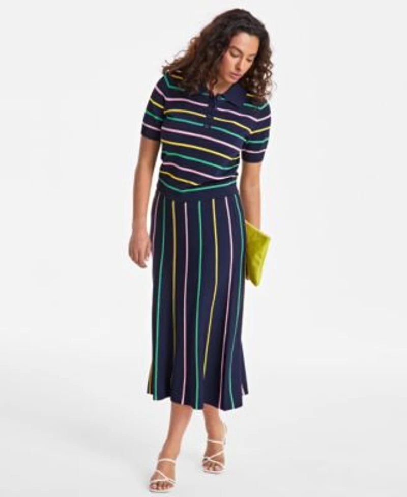 On 34th Womens Rib Stripe Polo Sweater Knit Midi Skirt Exclusively At Macys