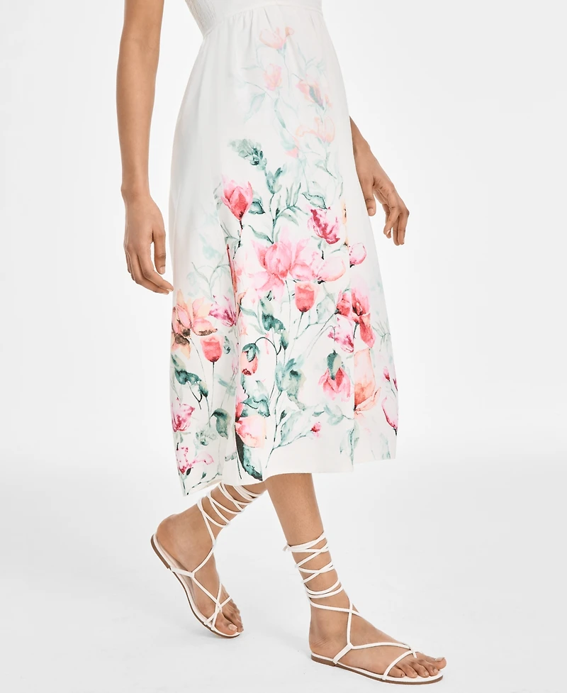 Juniors' Scalloped-Neck Placed Floral Midi Dress